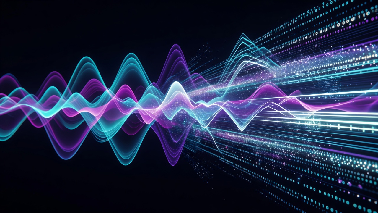 Abstract rendering of sound waves transforming into digital data streams