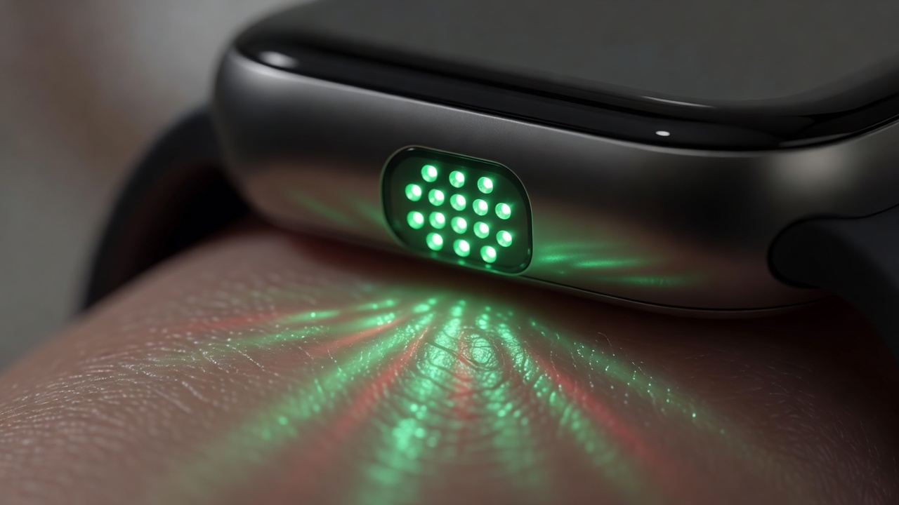 Close-up of a digital smartwatch sensor emitting a green optical light against skin