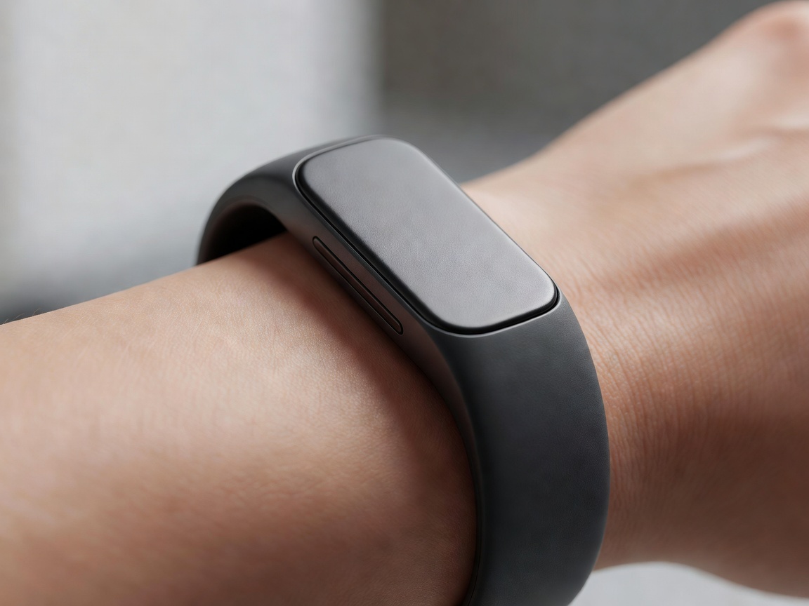 Close up of a sleek wearable health monitor wristband