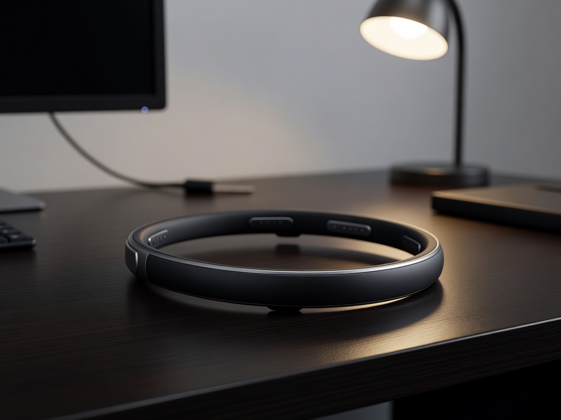 Focus enhancing haptic headband resting on a dark desk