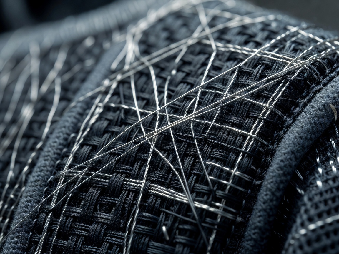 Macro shot of woven conductive threads in modern smart clothing