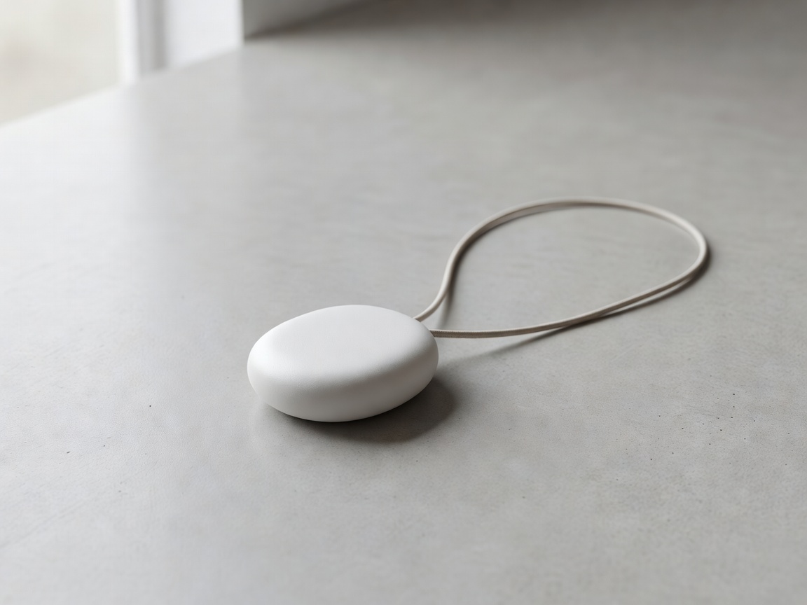 Minimalist pendant voice assistant device resting on a surface