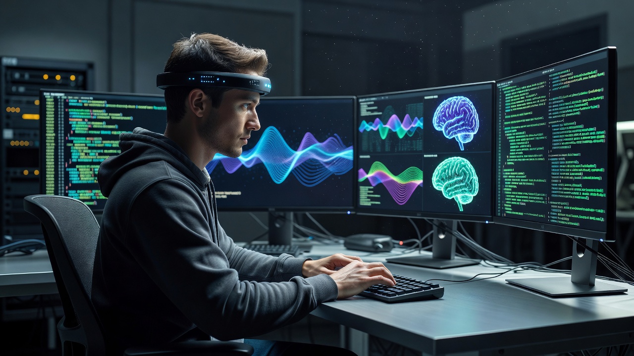 Person wearing a sleek neural feedback headband working at a multi-monitor desk