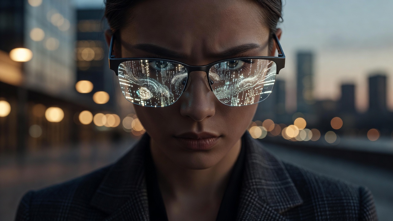 Person wearing stylish smart glasses reflecting digital data